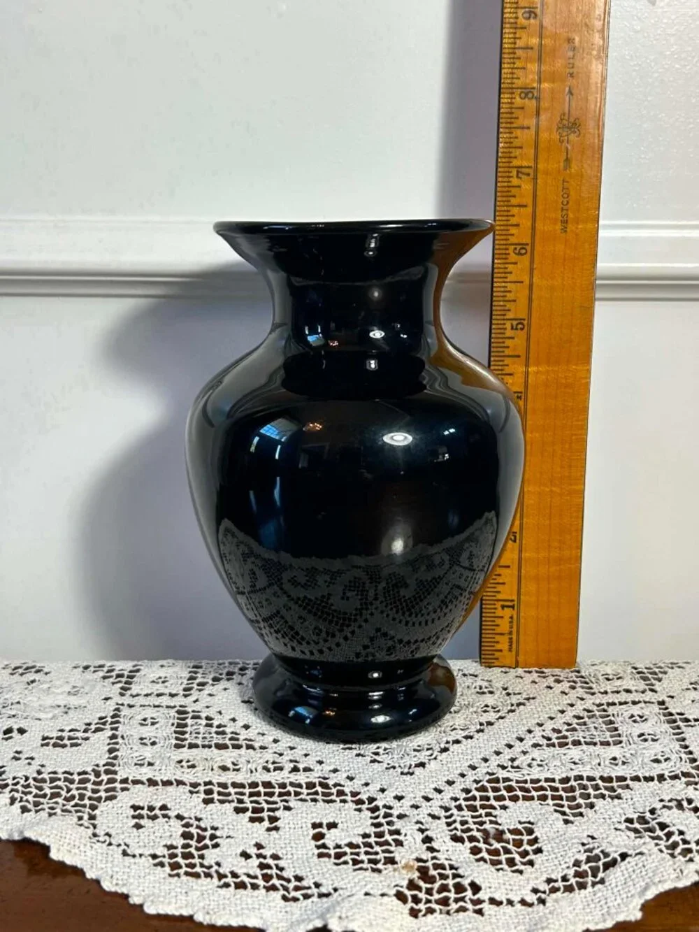 Vintage Fenton Black Amethyst Glass Vase - Silver Poppies Hand Painted Signed